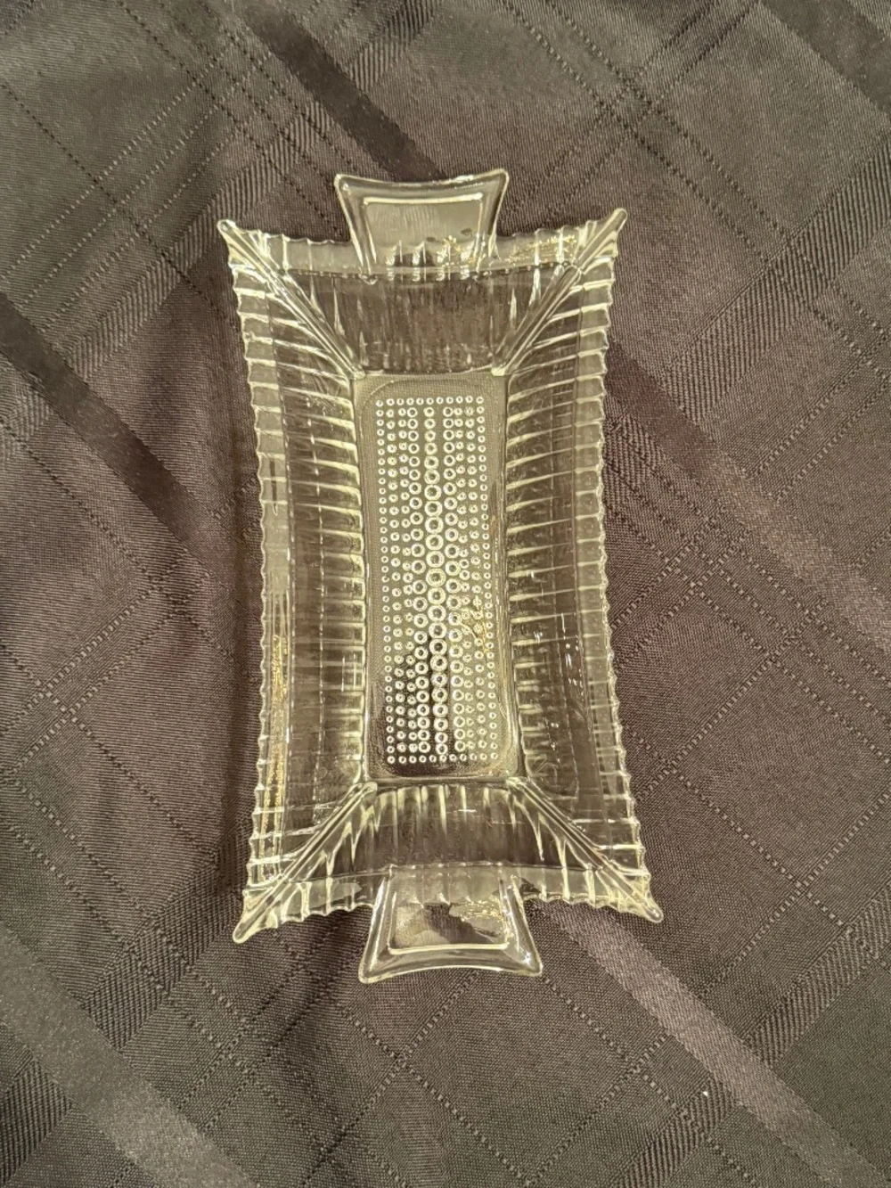 Vintage Clear Glass Candy Trinket Dish Rectangle with Handles Butter 8”x3.5”